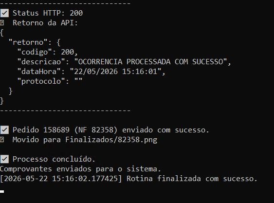 Retorno da API confirmando envio do comprovante
