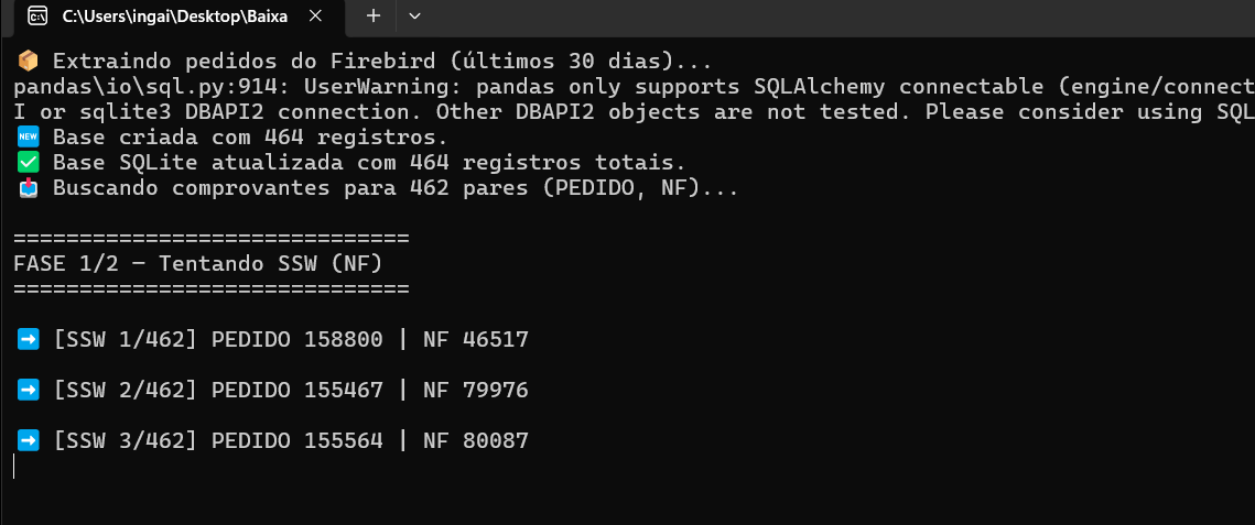 Terminal do bot extraindo pedidos da base de dados