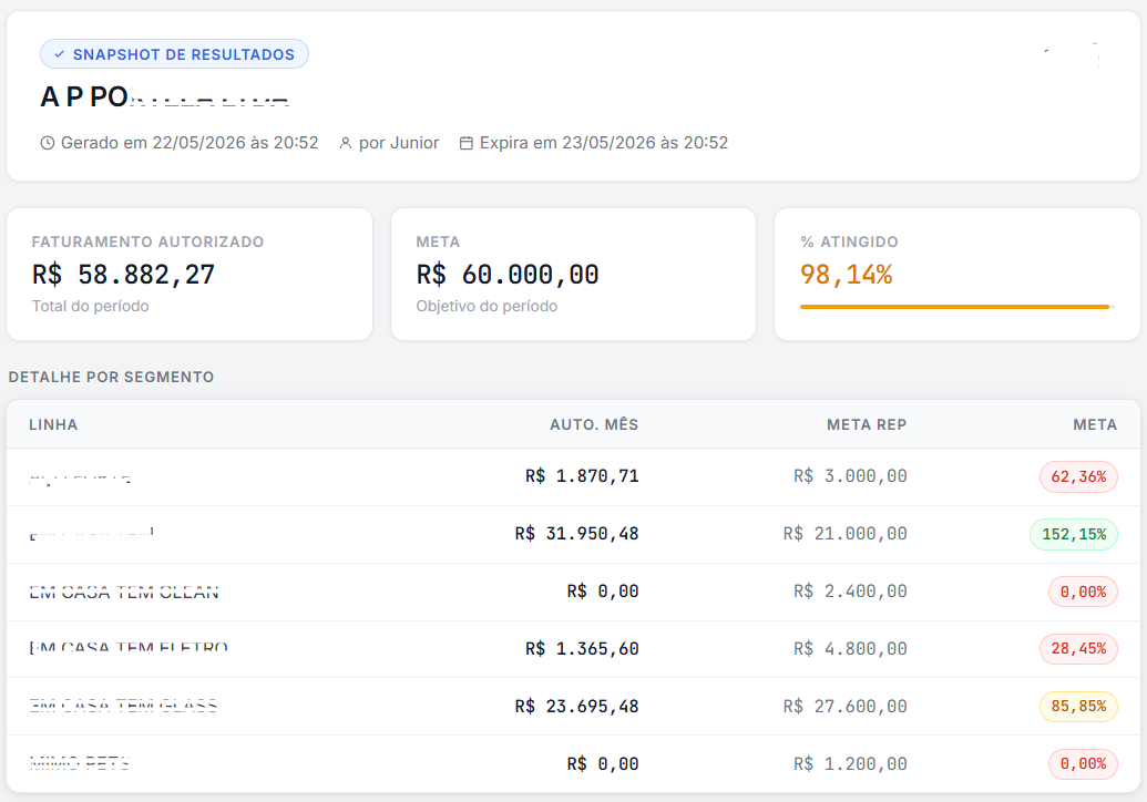 Tela do sistema comercial com dados para representante