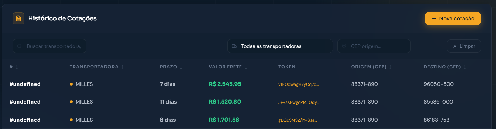 Tela da Fleto com histórico de cotações e dados logísticos