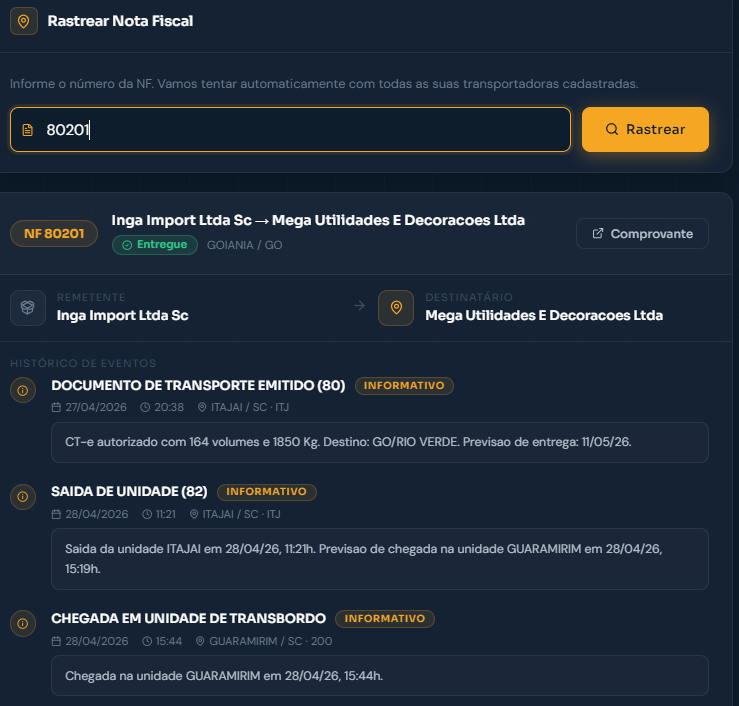 Tela da Fleto com rastreamento de nota fiscal