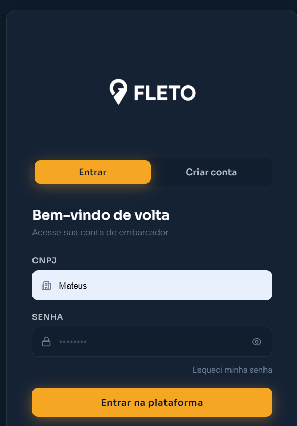 Tela de login da plataforma Fleto