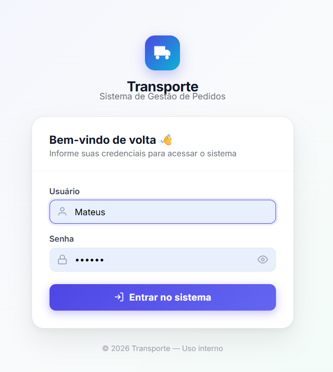 Tela de login do portal do setor de transporte